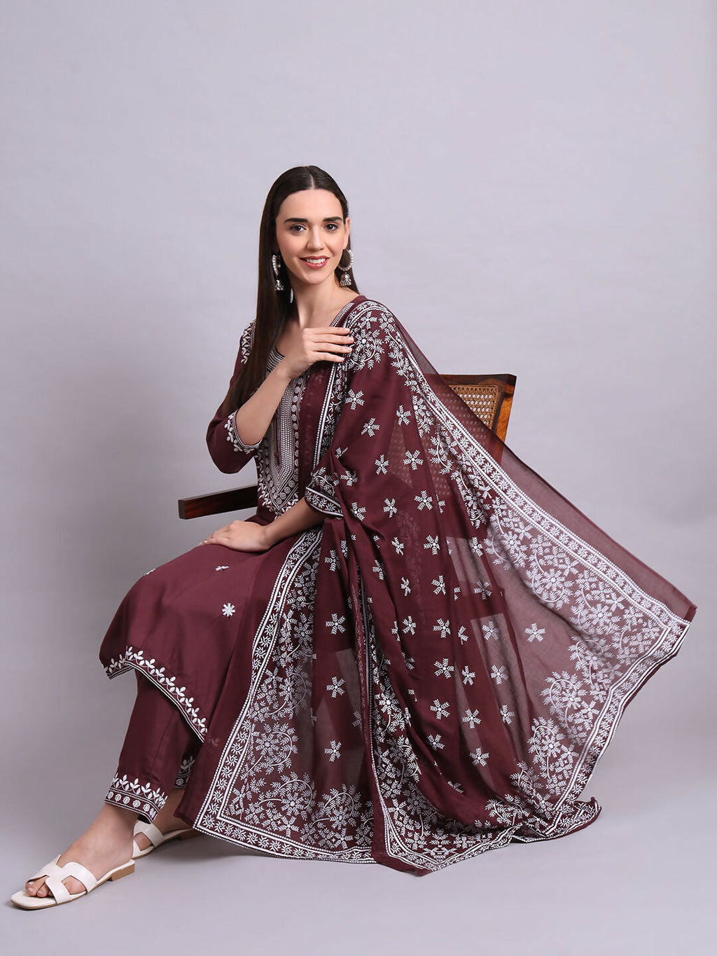 Joban Fashion Brown Cotton & Embroidery Work Kurta With Trousers & Dupatta Set | Grocsy