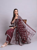 Joban Fashion Brown Cotton & Embroidery Work Kurta With Trousers & Dupatta Set | Grocsy