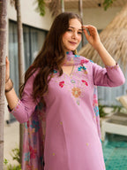 The52 Lavender Women's Gorgeous Embroidered work Viscose Gadhwal Fabric Straight Kurta, Pant and Dupatta Set | Grocsy