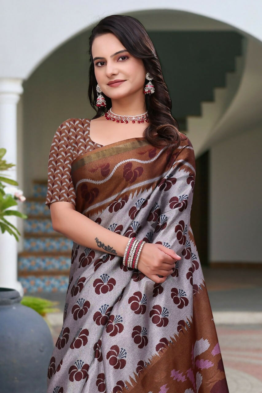 Prime Volt Women's Brown Printed Mal Cotton Saree with Designer Blouse Piece | Grocsy