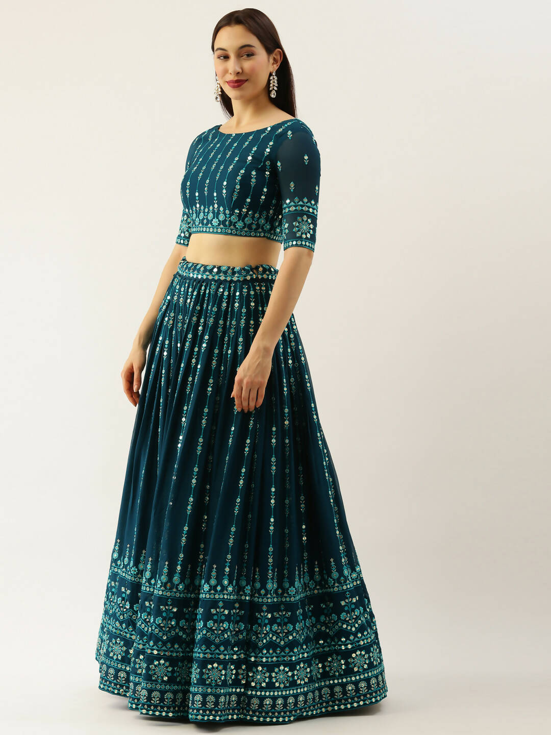House of Panchhi Women Teal Georgette Sequins Work Lehenga & Blouse with Dupatta | Grocsy