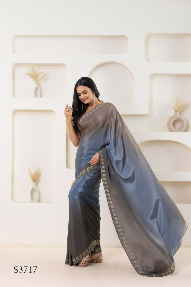 Grey Satin Pedding Designer, Printed Party Wear Ready To Wear Saree - Femina | Grocsy