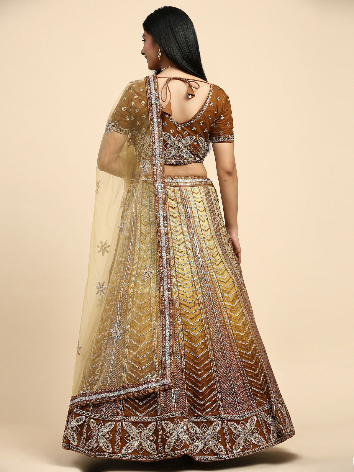 Brown Fancy Net Sequence Embroidered Lehenga Choli with Dupatta - Dhara | Grocsy