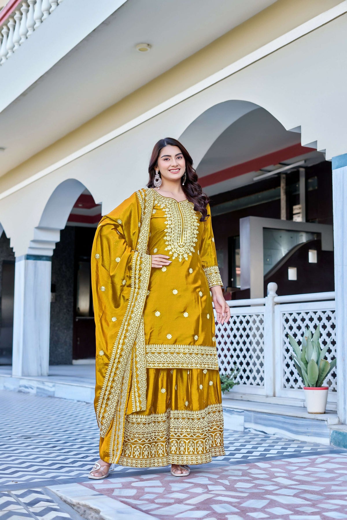 Teeya Creation Yellow Color Chinon Silk Heavy Embroidery Work Wedding Wear Sharara | Grocsy