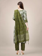 Jyoti Fashion Women's Mehendi Rayon Print with Embroidery & Fancy Lace Work Kurta with Trouser & Dupatta | Grocsy