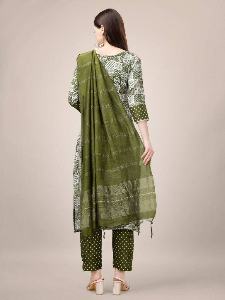 Jyoti Fashion Women's Mehendi Rayon Print with Embroidery & Fancy Lace Work Kurta with Trouser & Dupatta | Grocsy