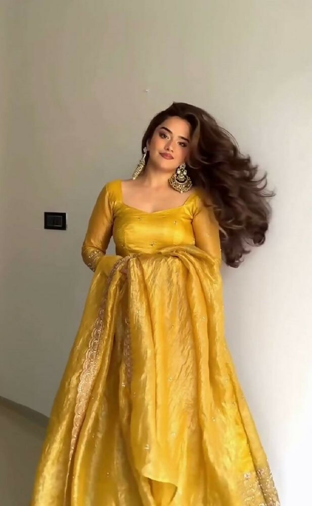 Teeya Creation Elegant Mustard Yellow Solid Silk Anarkali Suit with Dupatta | Grocsy