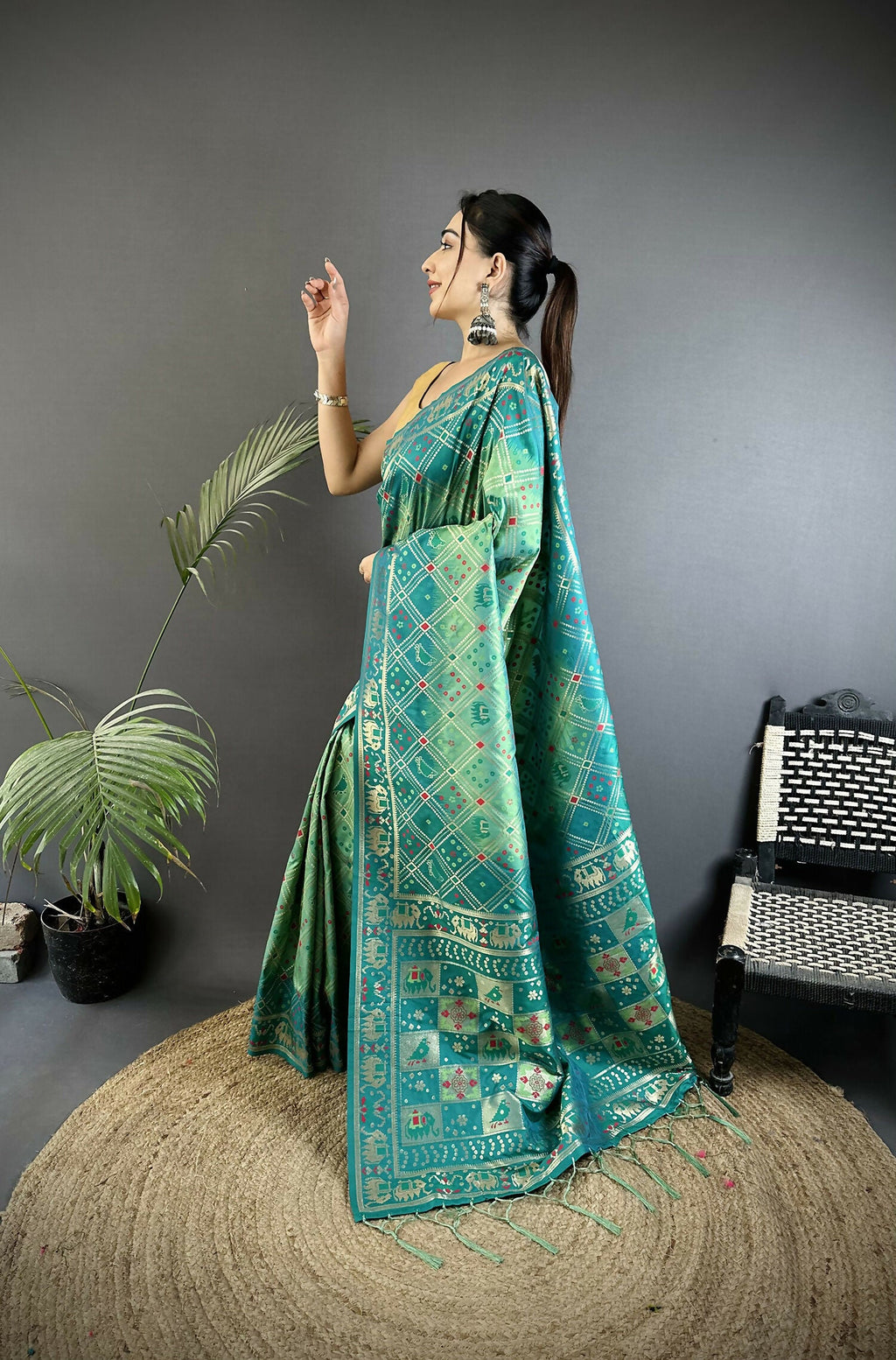 Joban Fashion Turquoise Geometric Pattern Soft Silk Patola Saree | Grocsy