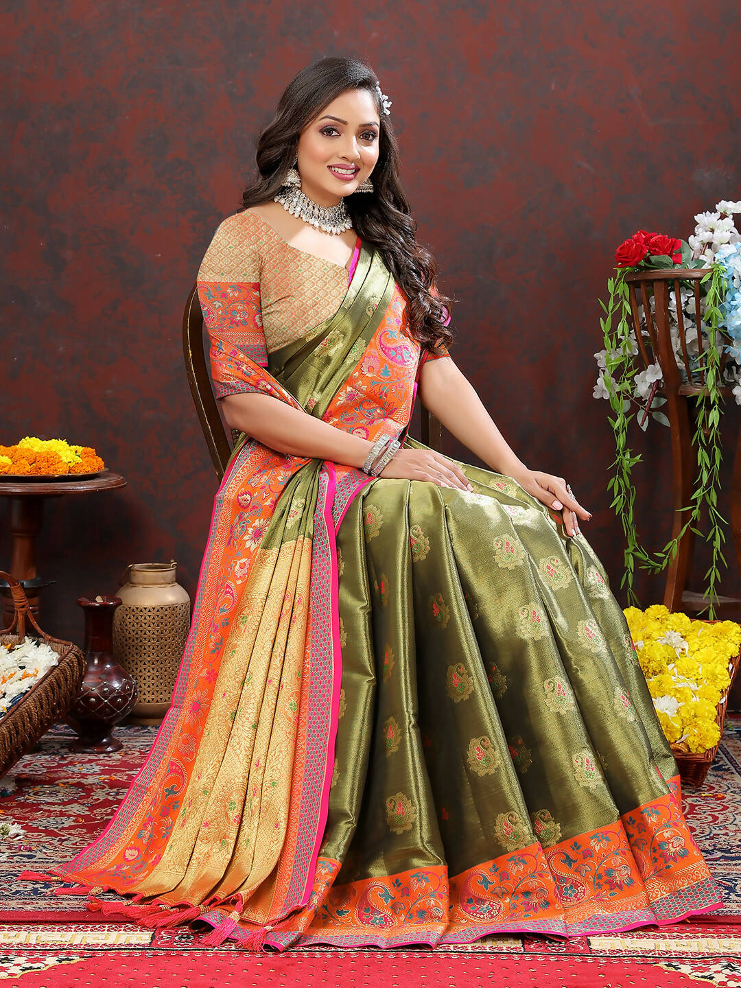 Lorenvalley Fashion Mehndi Kanjivaram Silk Woven Design with Zari Weaving Saree | Grocsy