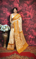 Exclusive Collection Beautiful Batique Print Yellow Pure Cotton Hand Print Handloomsaree With Running Blouse Piece | Grocsy