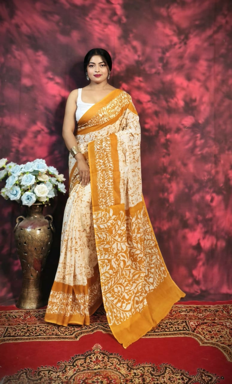Exclusive Collection Beautiful Batique Print Yellow Pure Cotton Hand Print Handloomsaree With Running Blouse Piece | Grocsy