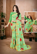Green Georgette Floral Printed Saree With Unstitched Blouse Piece - Jyoti | Grocsy