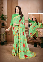 Green Georgette Floral Printed Saree With Unstitched Blouse Piece - Jyoti | Grocsy