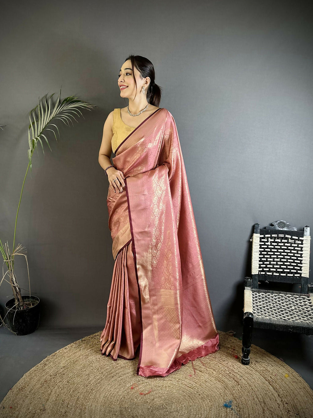 Joban Fashion Rose Gold Paisley & Floral Soft Satin Silk Banarasi Silk Saree | Grocsy