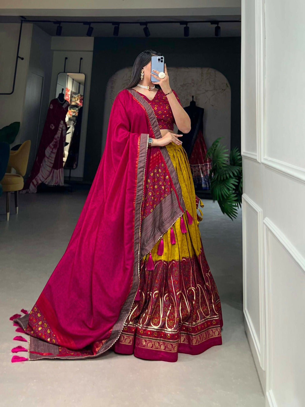 Vastranavya Kashmiri Print With Foil Print Lehenga with Unstitched Printed Blouse - Mustard | Grocsy