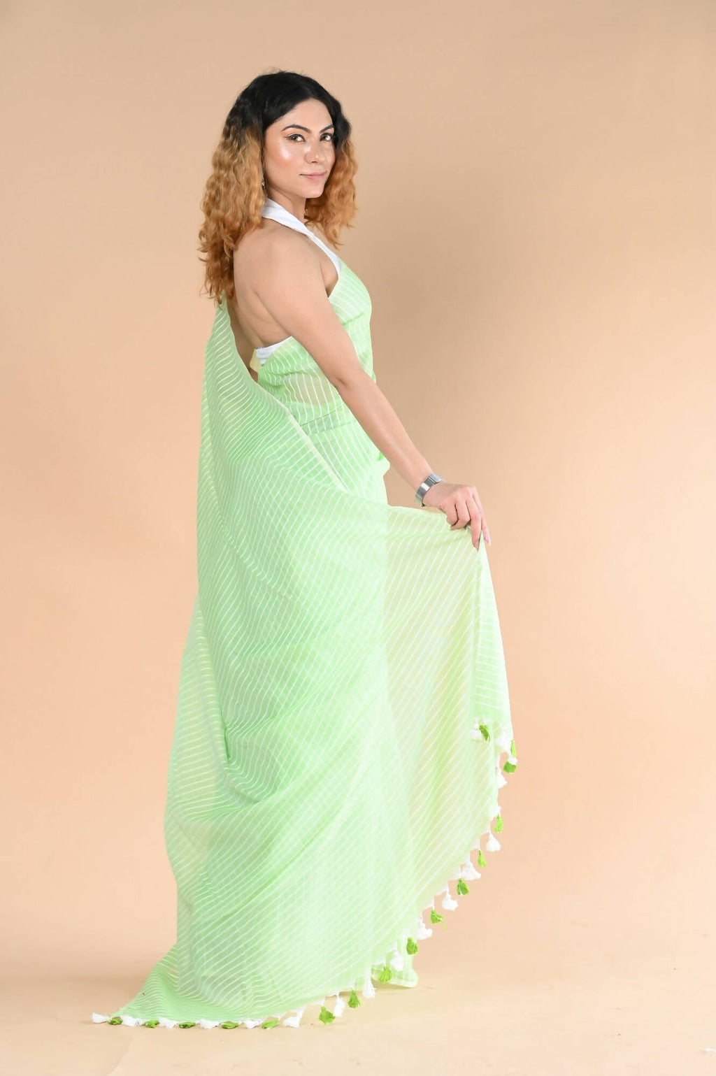 Very Much Indian Designer Pure Cotton Saree With All Over Linear Stripes - Fern Green | Grocsy