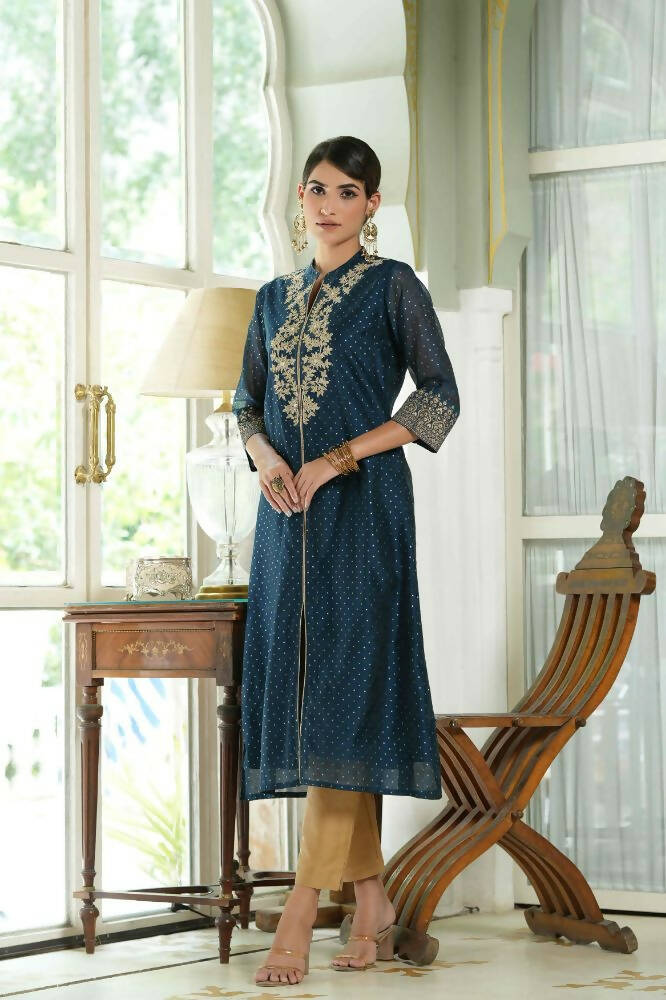 Juniper Blue Chanderi Festive Embroidered Polka Dot Printed A-Line Kurta For Women | Grocsy
