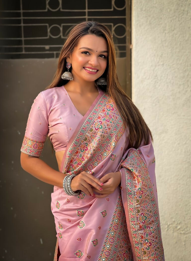 Pink Pashmina Silk Wevon Kashmiri Meenakari Designer Saree with Unstitched Blouse - Vandini | Grocsy