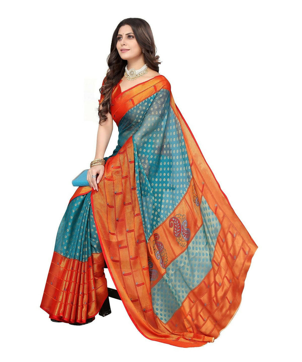 Vamika Sky Blue Chiffon Brasso Bollywood Style Woven Saree (DIMPLE SKY BLUE) | Grocsy