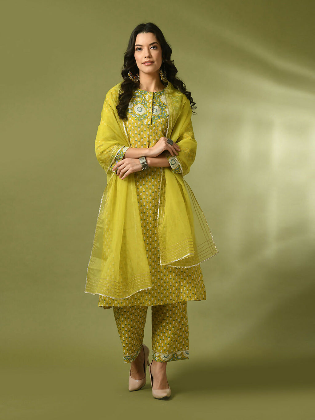 Myshka Women's Yellow Printed Cotton Straight Party Kurta Set With Dupatta | Grocsy