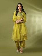 Myshka Women's Yellow Printed Cotton Straight Party Kurta Set With Dupatta | Grocsy