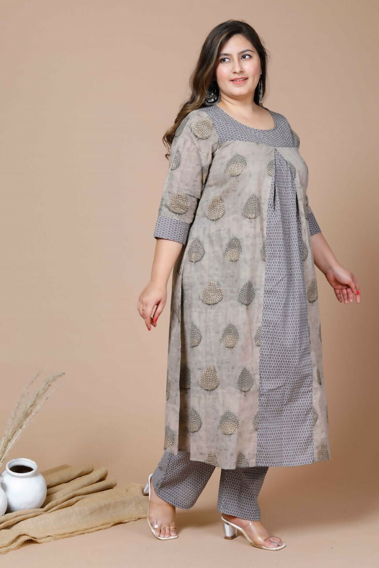 Miravan Women's Plus Size Beige Floral Printed Pure Cotton A-Line Kurta With Palazzo | Grocsy