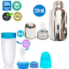 Goodmunchkins Stainless Steel Feeding Bottle With Spoon Food Feeder for Baby Anti Colic Silicon Nipple Feeder 220 ml Combo Pack-Blue | Grocsy