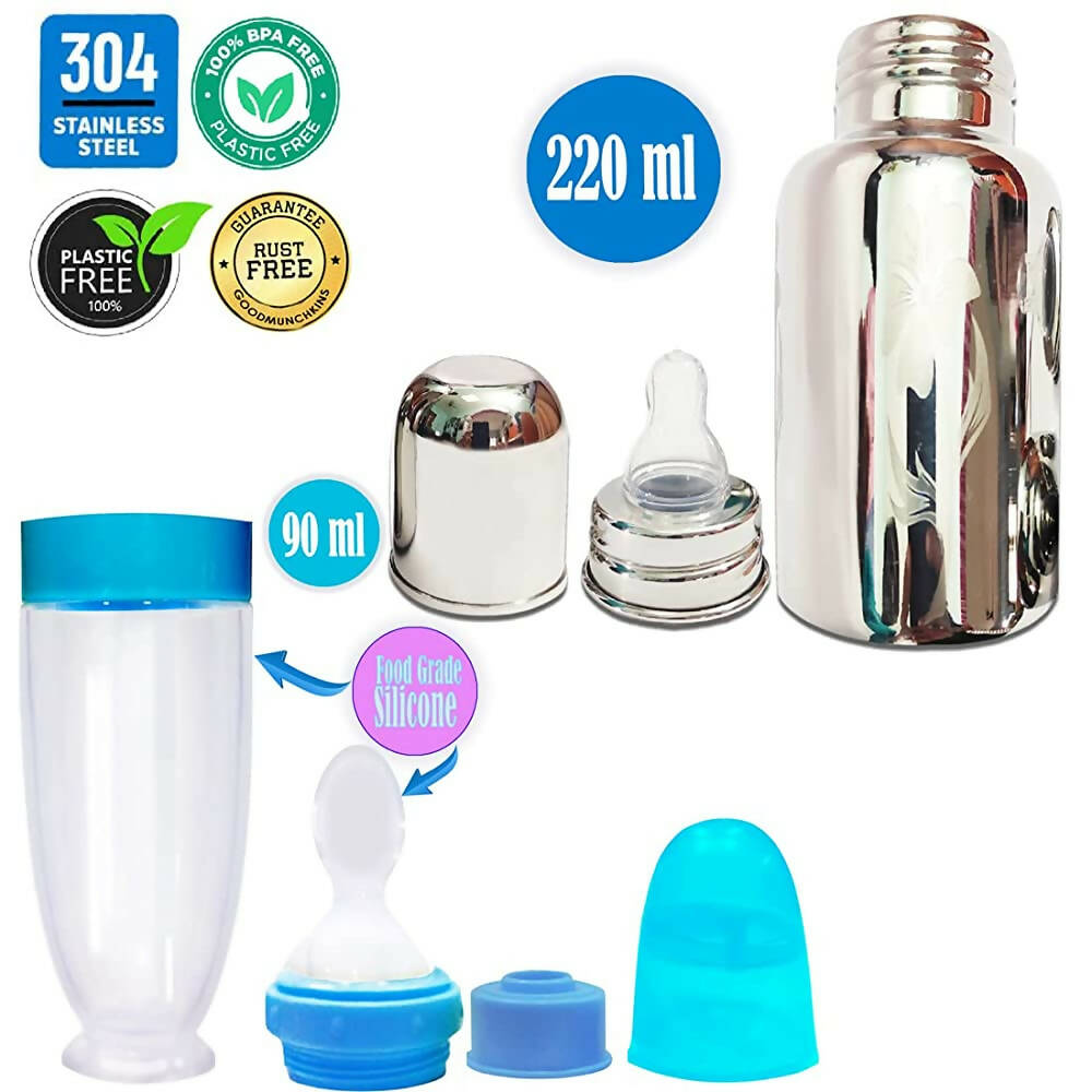 Goodmunchkins Stainless Steel Feeding Bottle With Spoon Food Feeder for Baby Anti Colic Silicon Nipple Feeder 220 ml Combo Pack-Blue | Grocsy