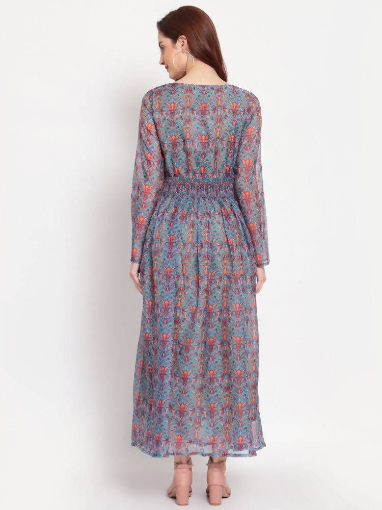 Myshka Women's Multi Printed Organza Full Sleeve Round Neck Casual Maxi Dress | Grocsy