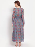 Myshka Women's Multi Printed Organza Full Sleeve Round Neck Casual Maxi Dress | Grocsy
