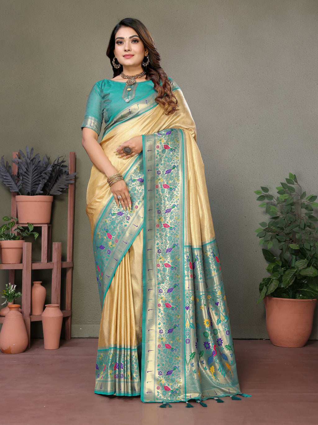 Aastha Fashion Cream Tissue Silk Paithani Woven Saree | Grocsy