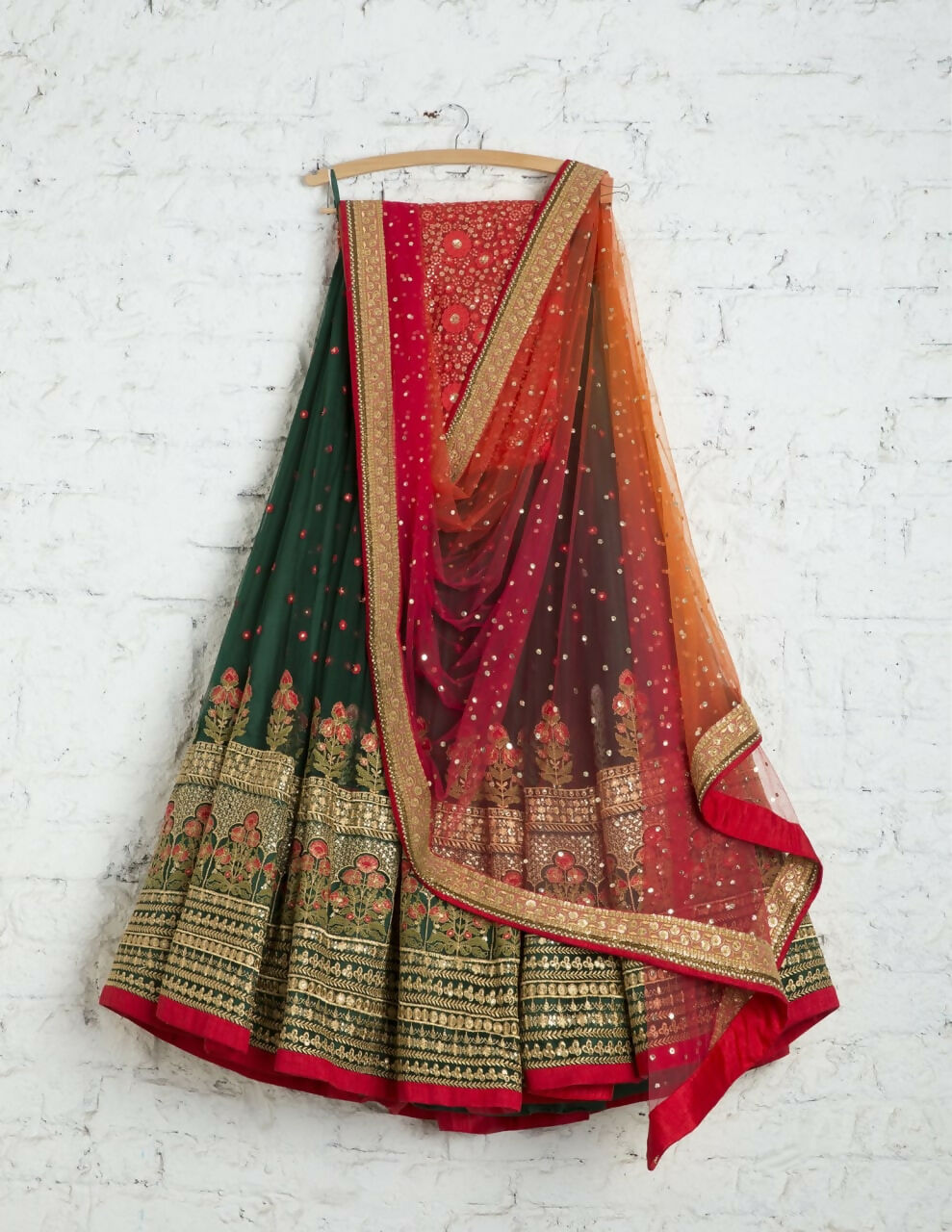 Jyoti Fashion Red & Bottle Green Thread & 3mm Sequence Embroidery Georgette Lehenga Choli with Dupatta | Grocsy