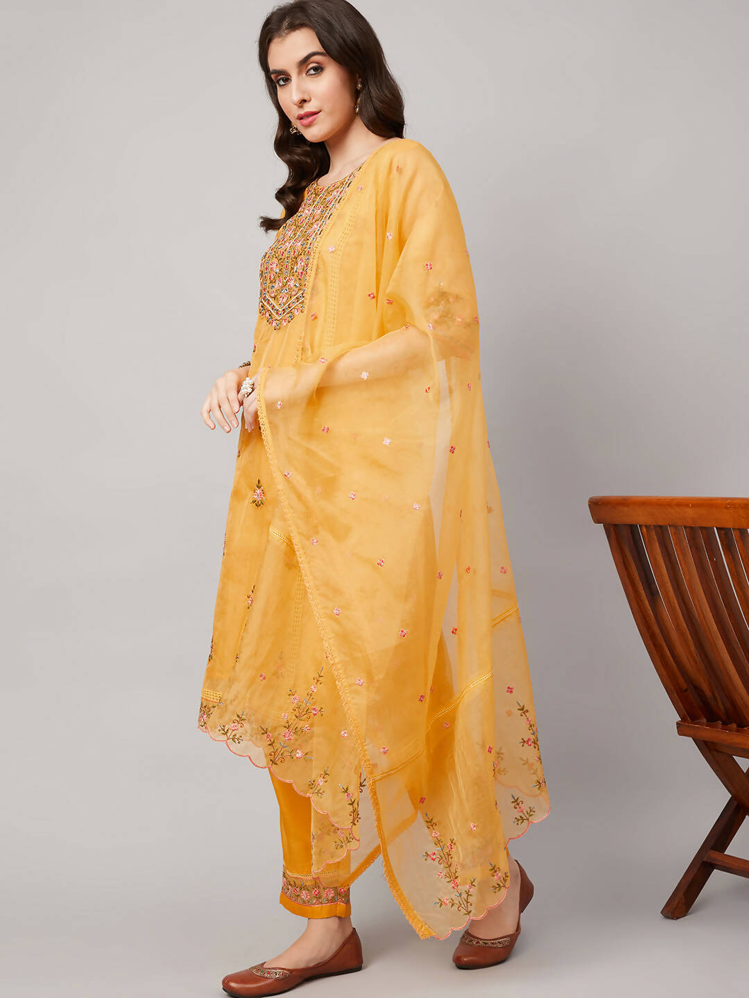 Yellow Organza Embroidered Kurta with Bottom & Dupatta - Salimar | Grocsy