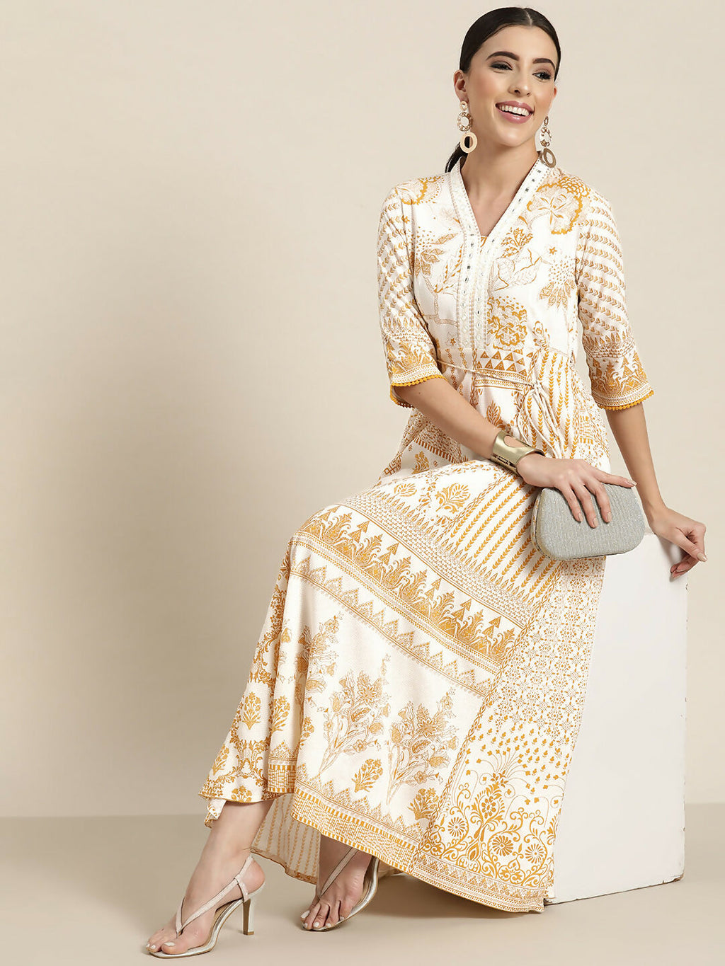 Juniper Mustard Printed Rayon Lacy Maxi Dress With Mirror Embroidered Neckline & Tassels At Waist | Grocsy
