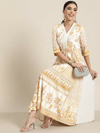 Juniper Mustard Printed Rayon Lacy Maxi Dress With Mirror Embroidered Neckline & Tassels At Waist | Grocsy