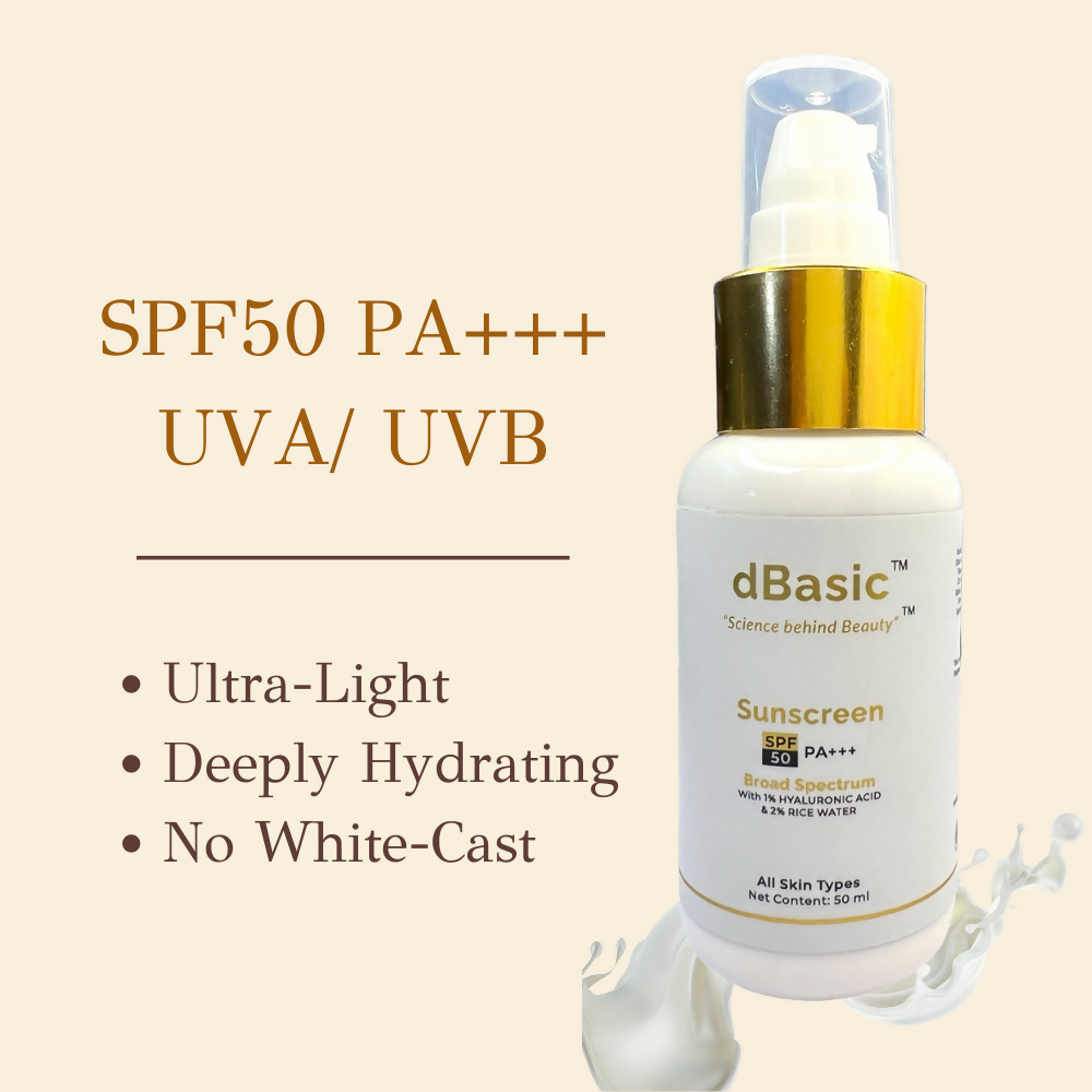 dBasic Sunscreen SPF50 PA+++ UVA/UVB, Blue Light Filter, Rice Water, Shea Butter & No White Cast | Grocsy