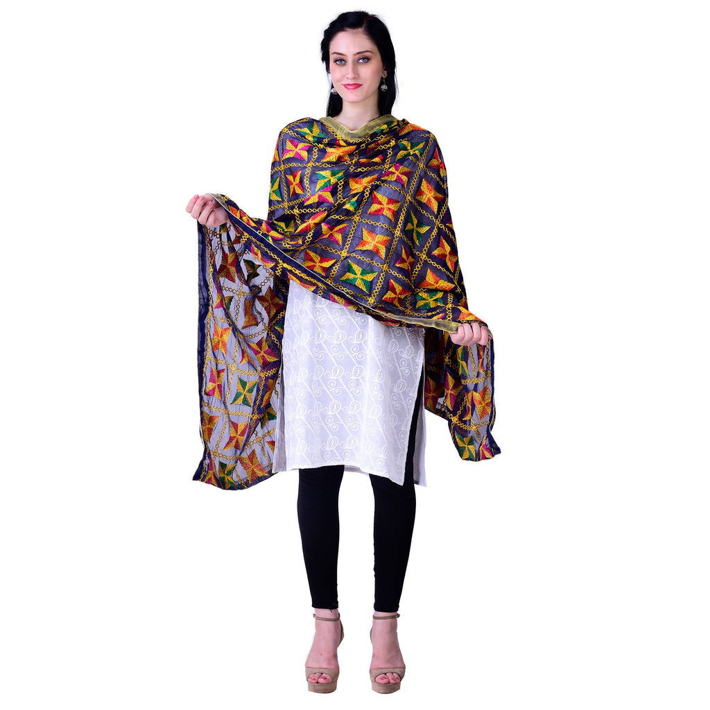 SWI Stylish Women's Embroidered Phulkari Chiffon Navy Blue Dupatta | Grocsy