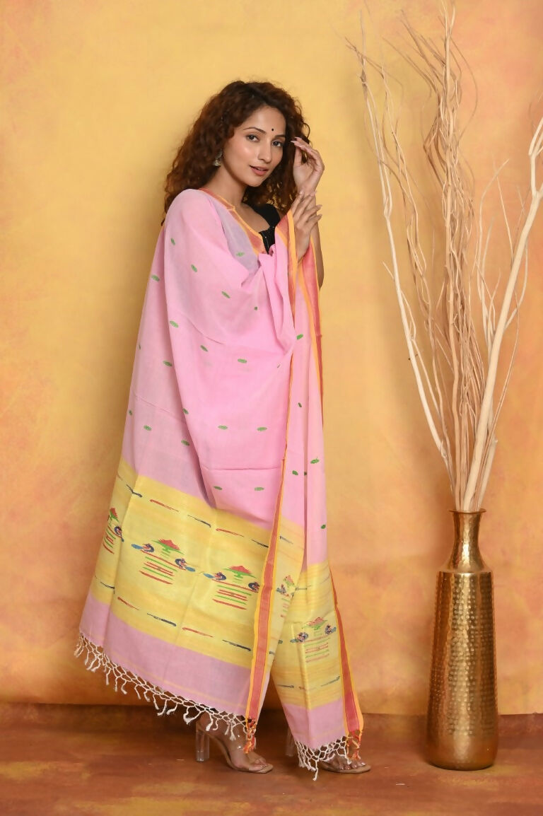 Very Much Indian Handloom Pure Cotton Paithani Dupatta Pink | Grocsy