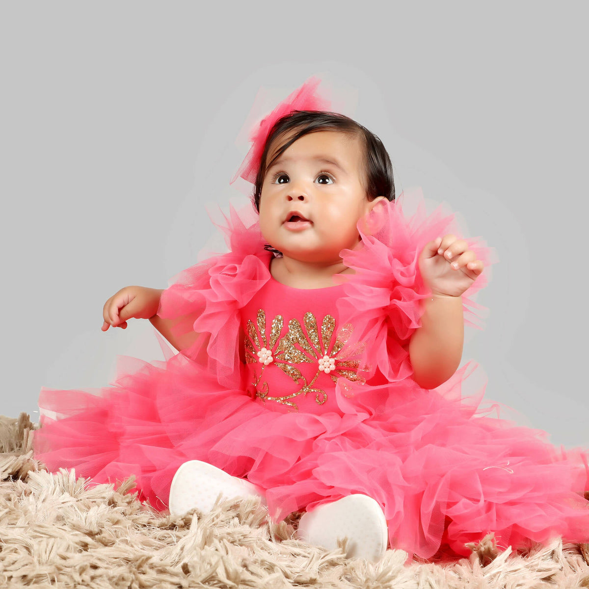 Pink Cow Fashions Pink Gown With Frill Sleeves & Ghera | Grocsy