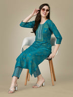 Jyoti Fashion Women's Rama Rayon Embroidered Kurta Pant Set | Grocsy