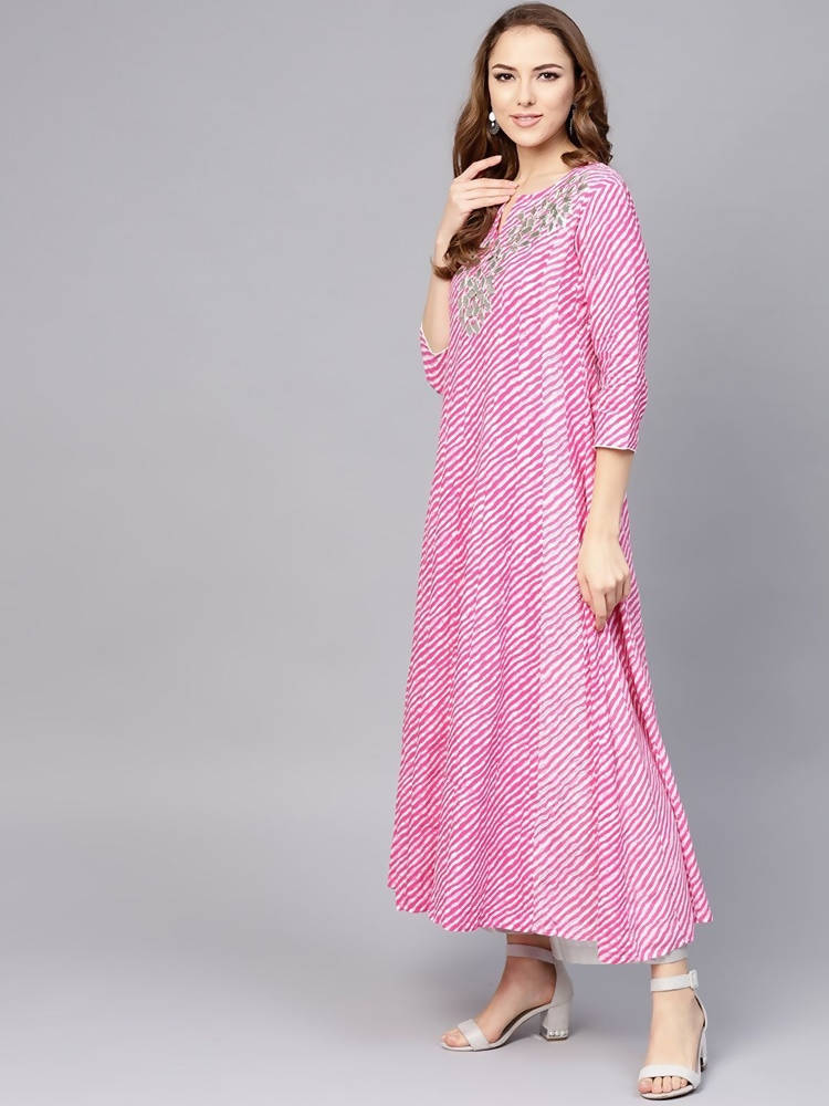 Yufta Women Pink & White Lehariya Print Anarkali Kurta | Grocsy