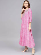 Yufta Women Pink & White Lehariya Print Anarkali Kurta | Grocsy
