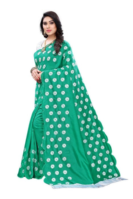 Vamika Zoya Silk Embroidered Rama Green Saree (RAKHI RAMA) | Grocsy
