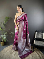 Joban Fashion Magenta Floral Motifs Soft Silk Banarasi Saree | Grocsy