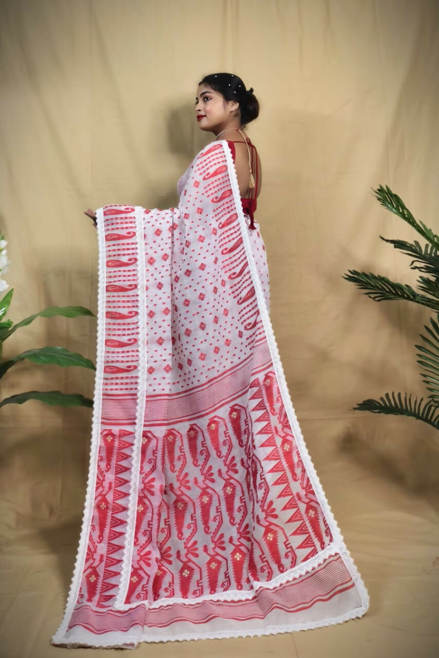 Exclusive Collection Beautiful White Red Jaal Jamdani Saree | Grocsy