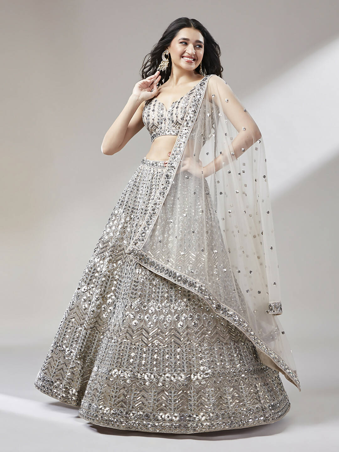 House of Panchhi Beige - Net Mirror & Sequins Embroiderey Lehenga choli | Grocsy