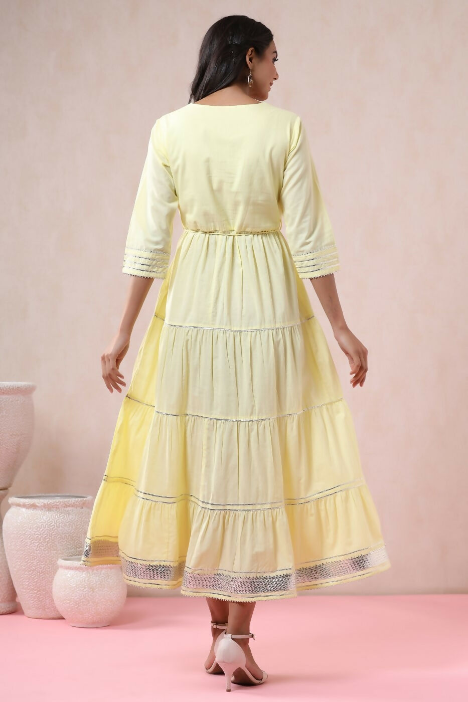 Juniper Yellow Solid Pure Cotton Solid Tiered Maxi Dress With Gota Work Dori Tie-Up & Cushioned Tassels At Waist | Grocsy