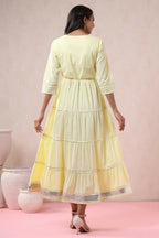 Juniper Yellow Solid Pure Cotton Solid Tiered Maxi Dress With Gota Work Dori Tie-Up & Cushioned Tassels At Waist | Grocsy