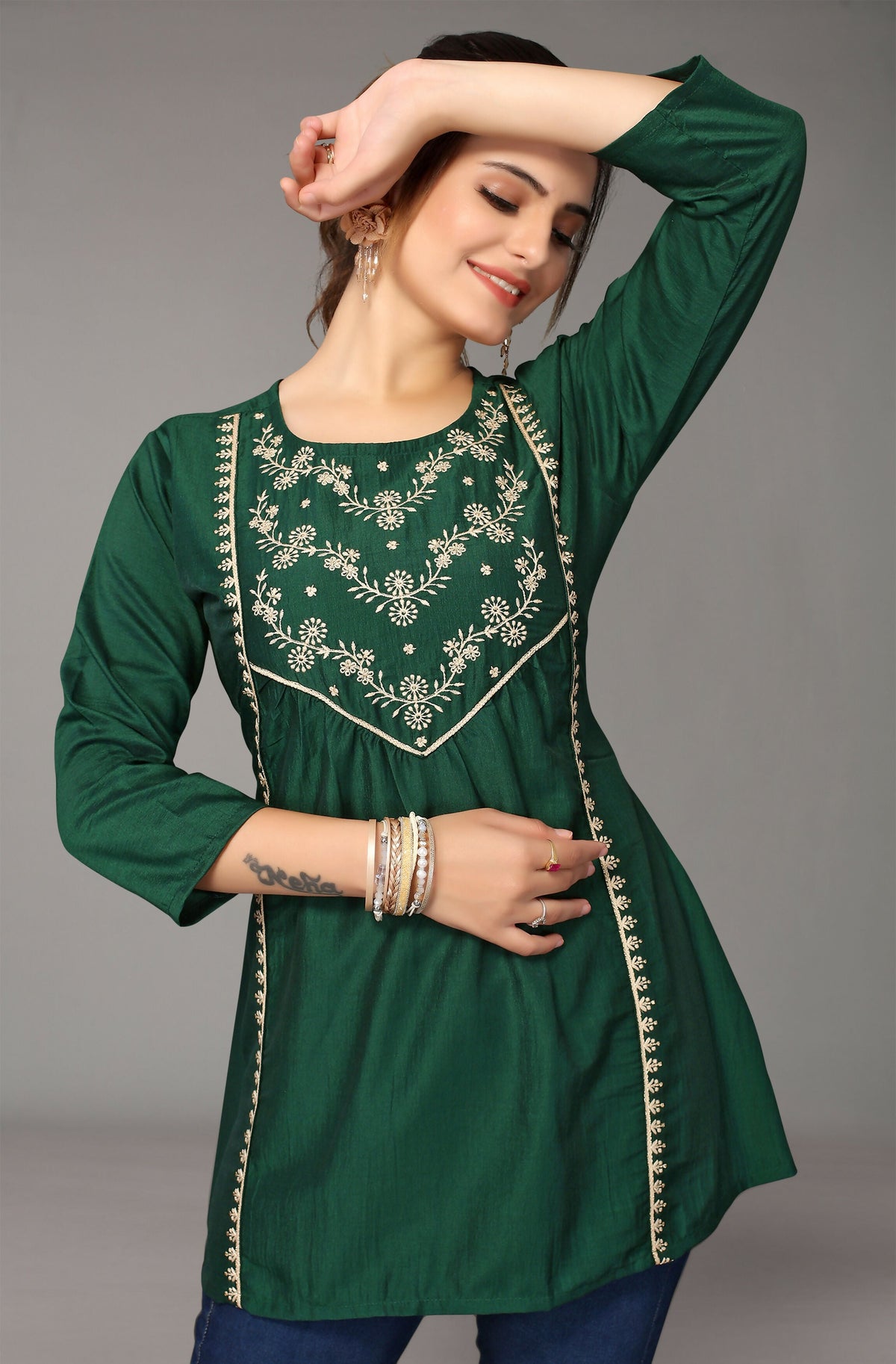 Women's Dark Green Viscose blend Embroidered Short Top - Marina | Grocsy