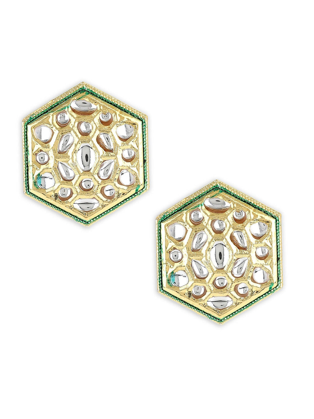 Gold-Toned White Kundan Contemporary Gold-Polished Studs Earrings - Ruby Raang | Grocsy